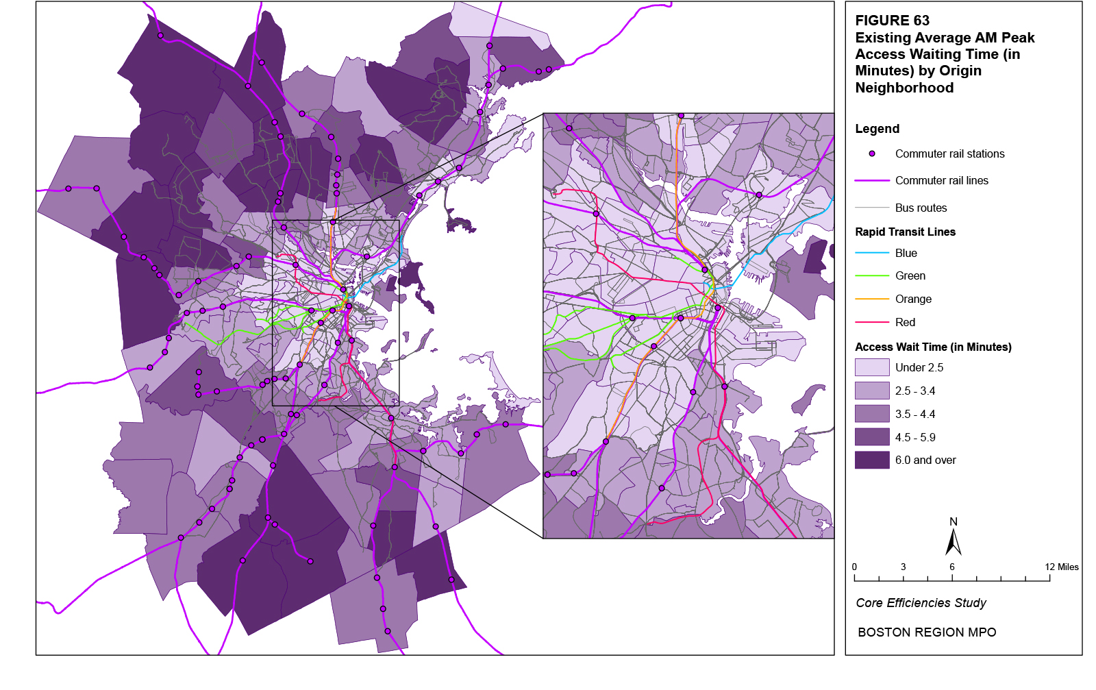 This map shows the existing average AM peak initial waiting times for origin trips by neighborhood.